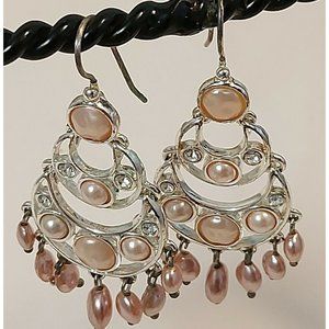 Vintage Silver Tone Faux Pink Pearls Rhinestones Chandelier Earrings Signed Le
